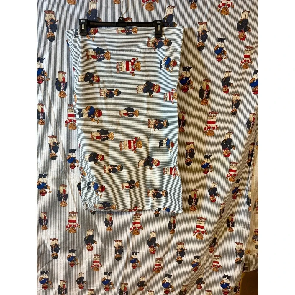 Vintage Ralph Lauren Polo Bear Queen‎ Flat Sheet Standard Pillowcase Blue Stripe